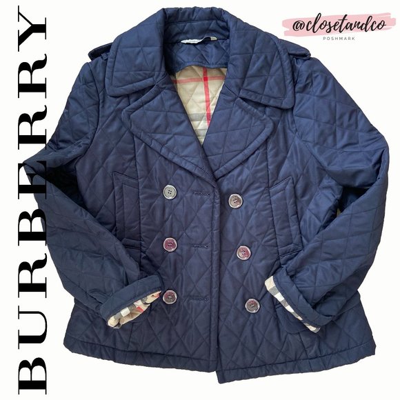 Burberry Jackets & Blazers - Burberry Coat Navy Quilted Peacoat Nova Check Lined Jacket Large LG Ships FREE